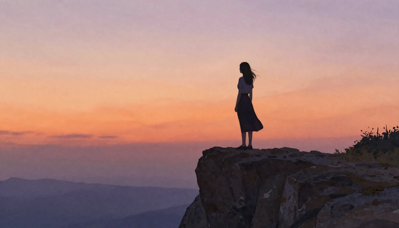 Watercolor style. A silhouette of a woman standing on a high...