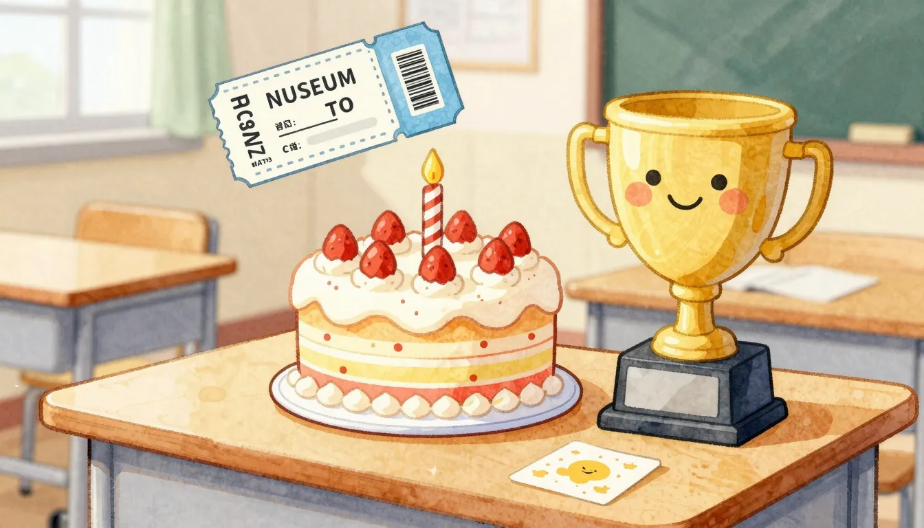 Watercolor style. A cozy classroom scene with a birthday cak...