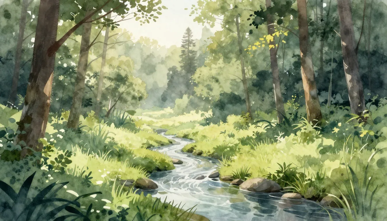 Watercolor style. A serene forest landscape at sunrise, a sm...