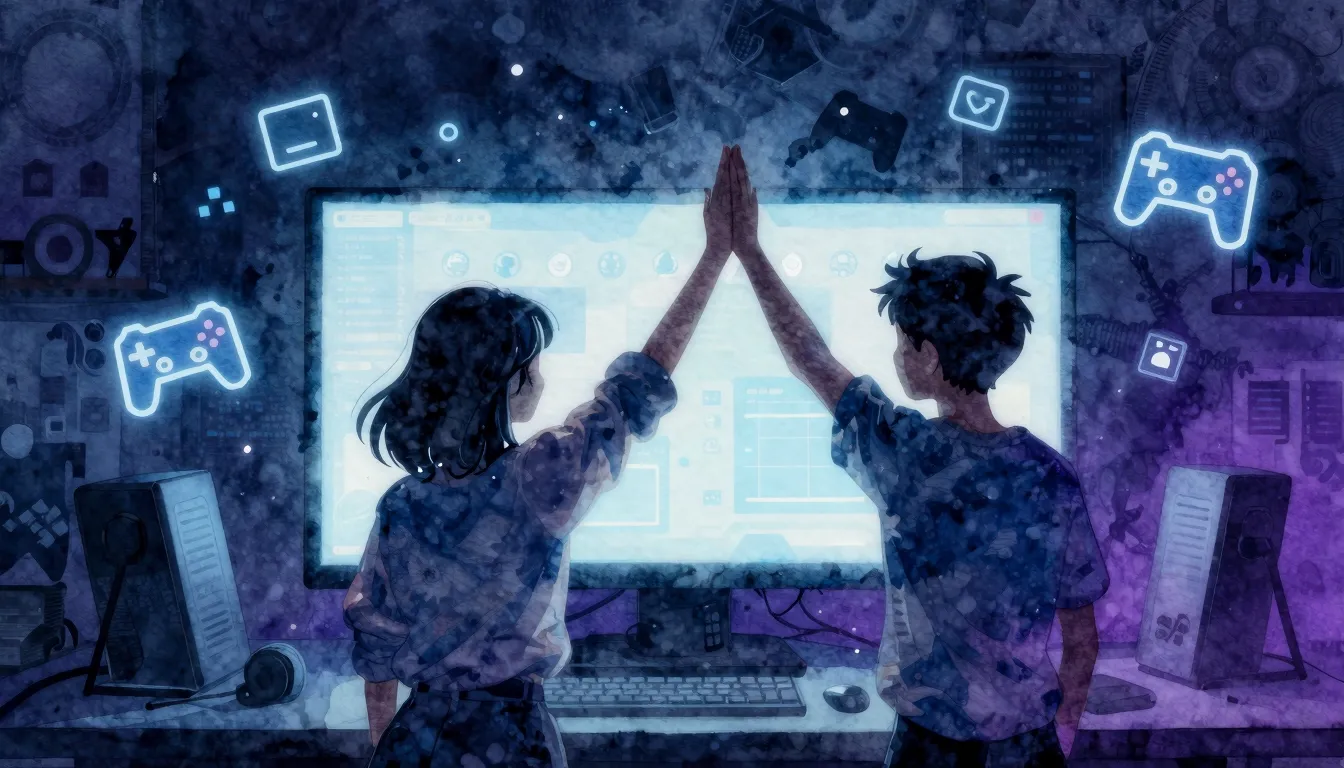 Watercolor style. A glowing computer monitor in a dark room,...