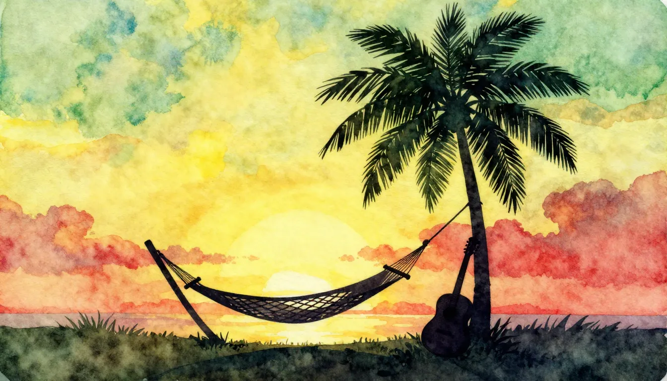 Watercolor style. A vibrant tropical scene with a silhouette...