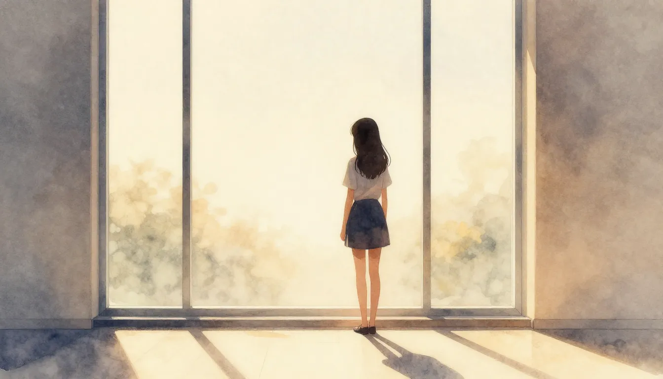Watercolor style. A silhouette of a girl standing by a large...