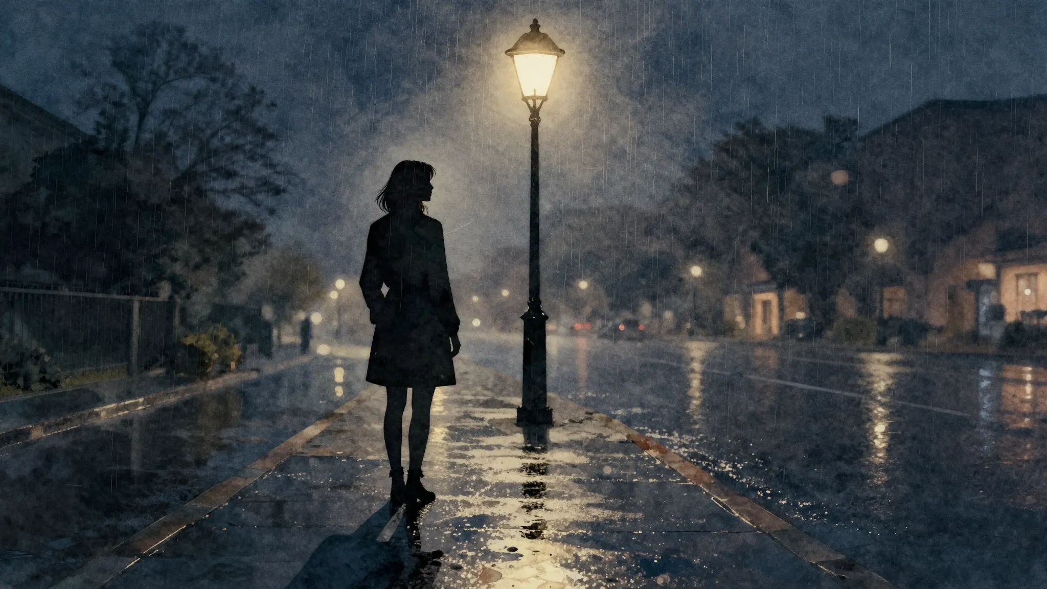 Watercolor style. A dark silhouette of a woman standing unde...