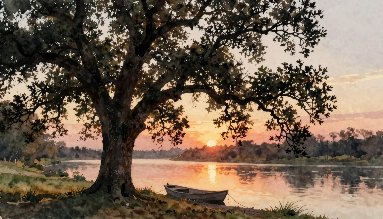 Watercolor style. A silhouette of an old oak tree at sunset,...
