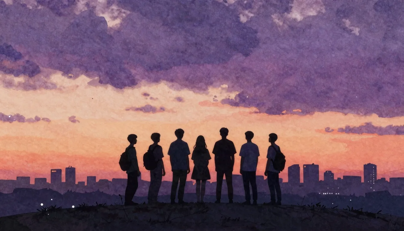Watercolor style. A silhouette of a group of teenagers stand...