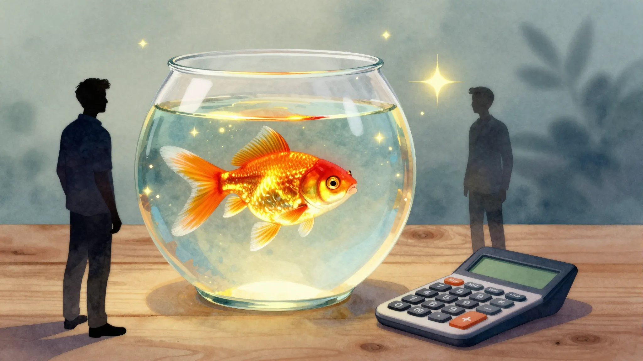 Watercolor style. A glowing goldfish in a round glass bowl o...