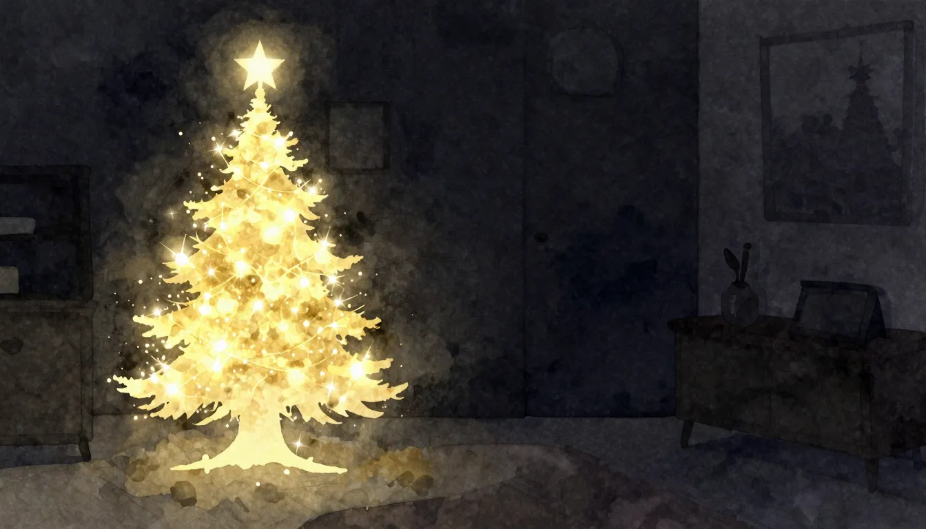 Watercolor style. Silhouette of a glowing Christmas tree in ...