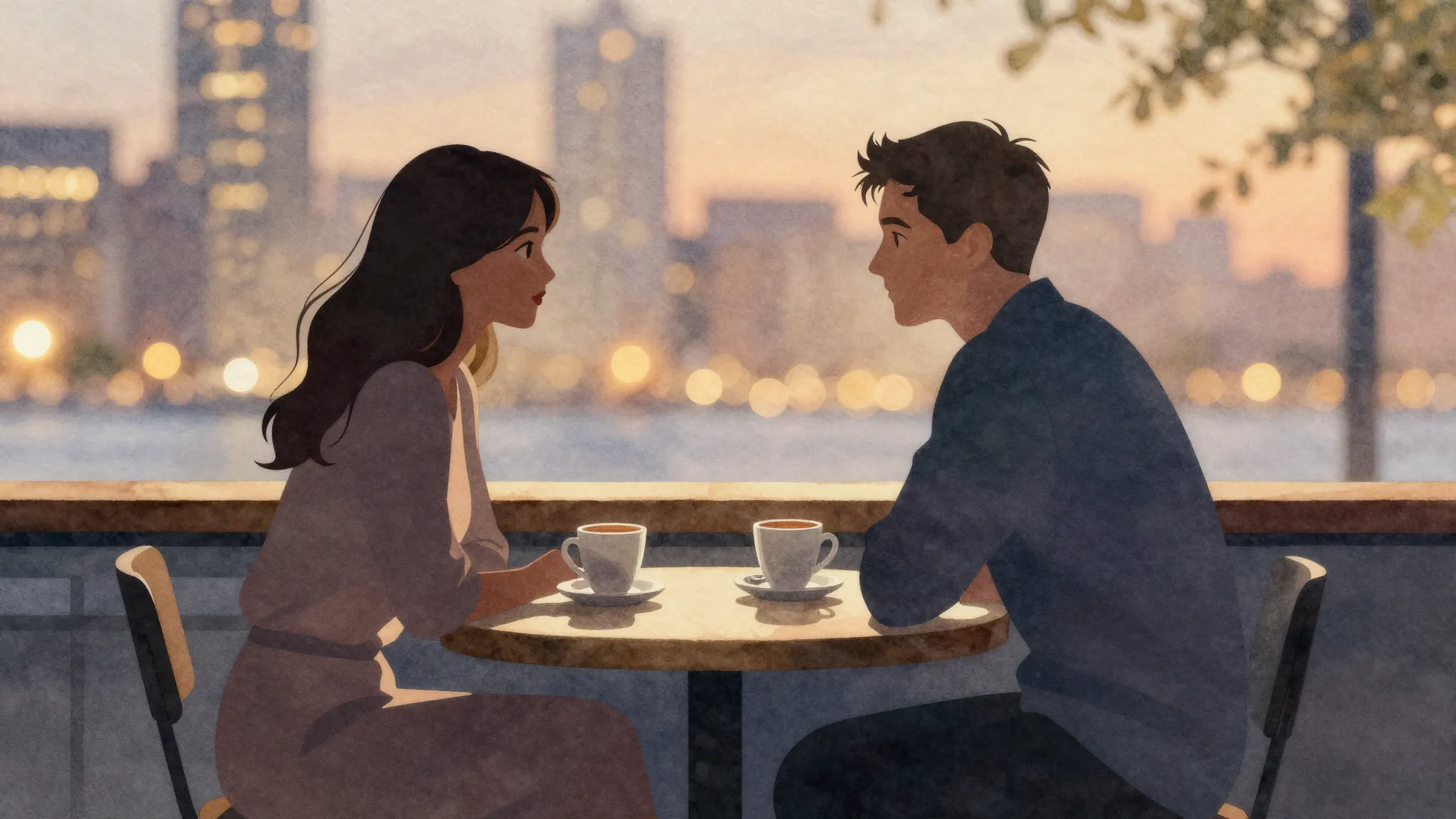 Watercolor style. Silhouettes of a man and a woman sitting a...