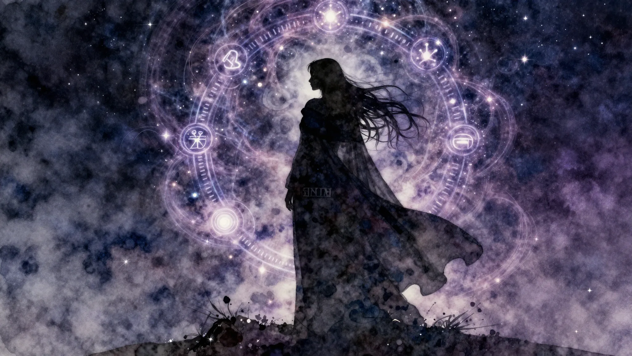 Watercolor style. A silhouette of a woman in a flowing cloak...