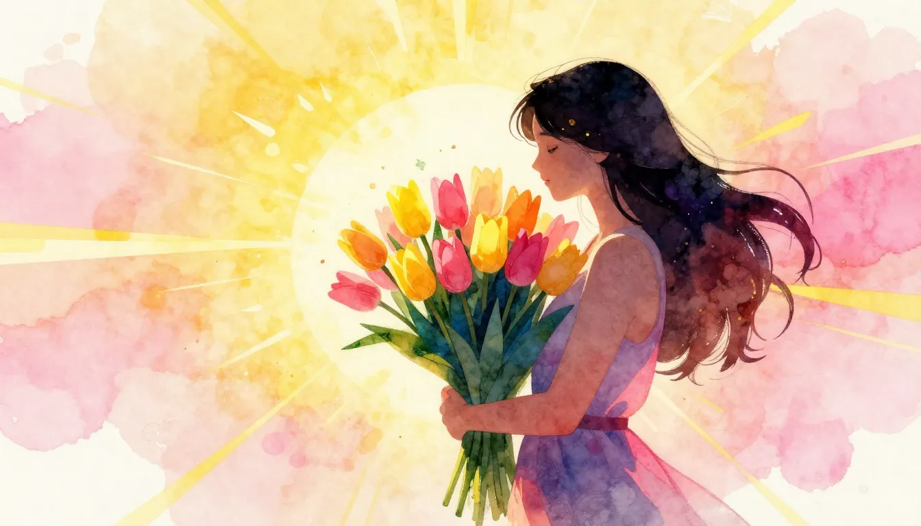 Watercolor style. A vibrant silhouette of a woman holding a ...