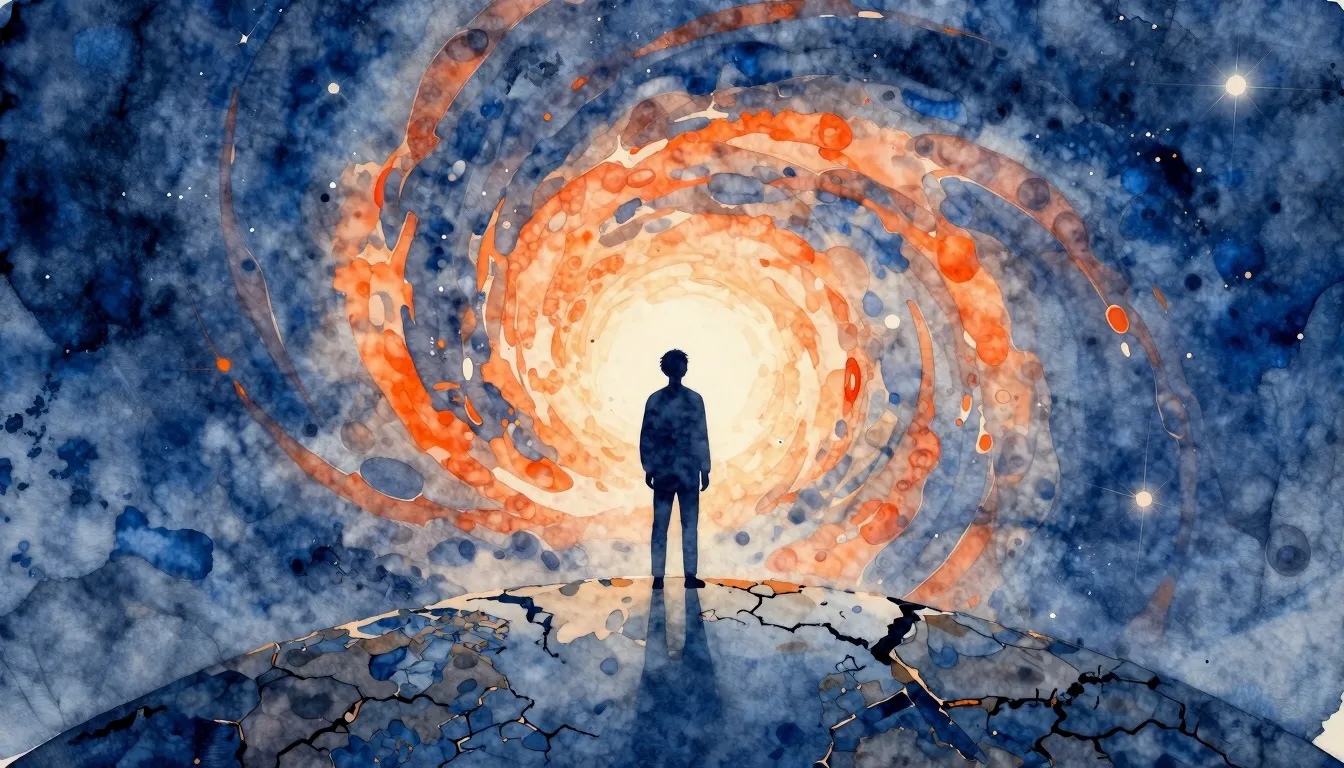 Watercolor style. A silhouette of a person standing on a cra...