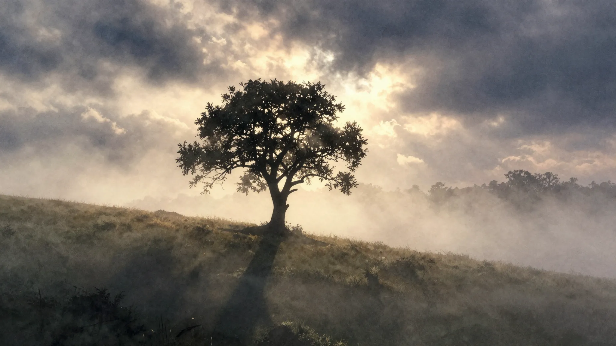 Watercolor style. Silhouette of a lonely tree on a hill at d...