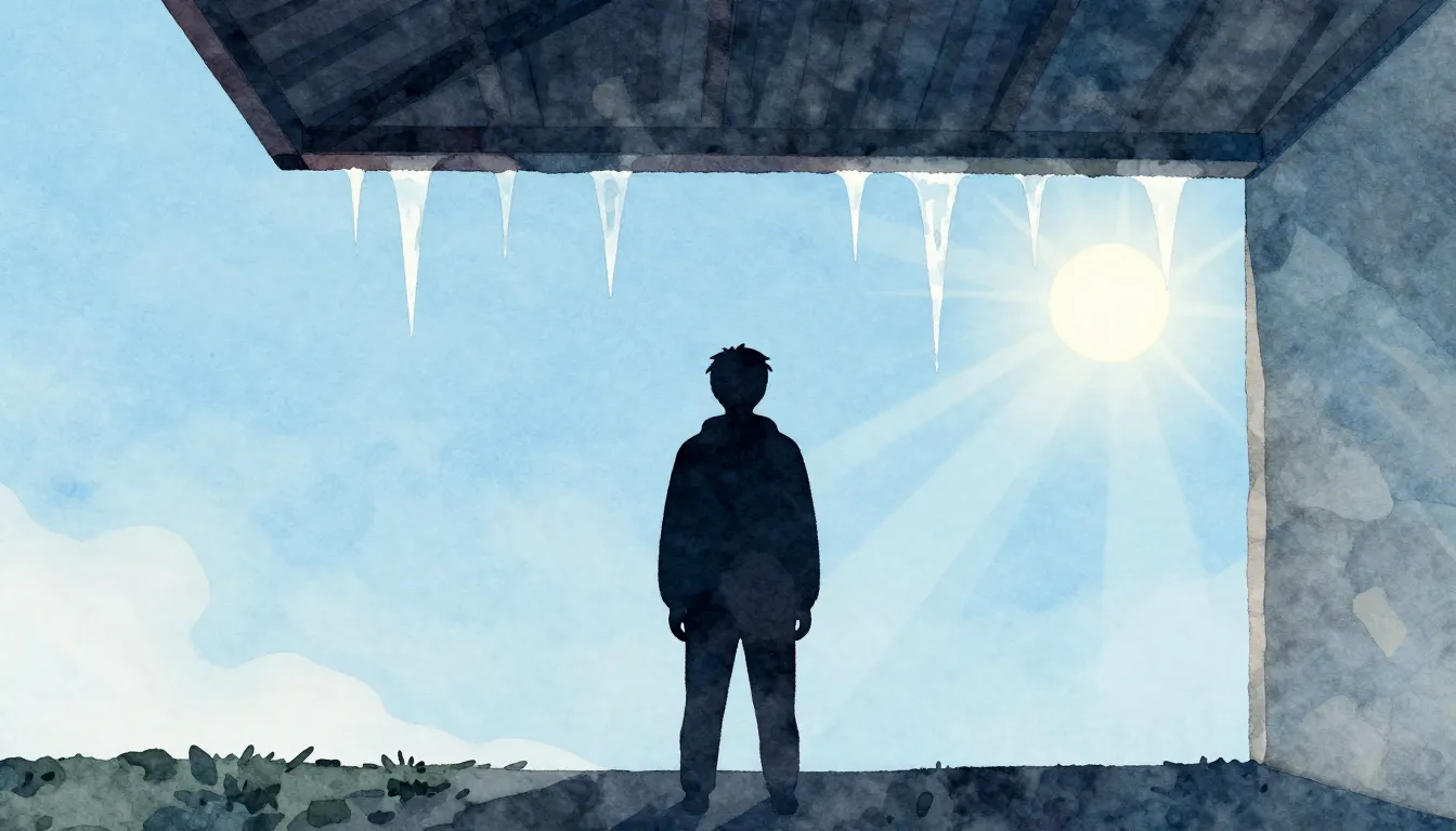 Watercolor style. A dark silhouette of a person standing und...