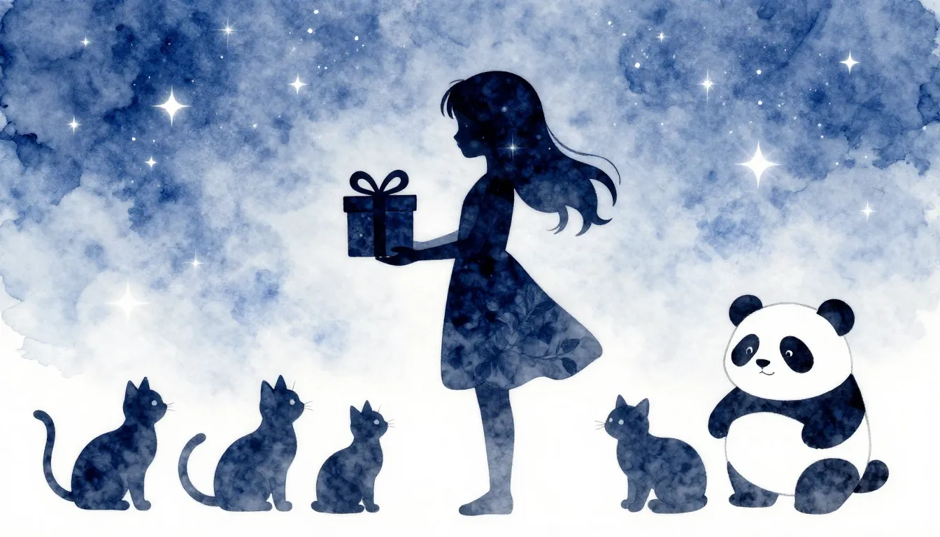 Watercolor style. A silhouette of a girl holding a gift box,...