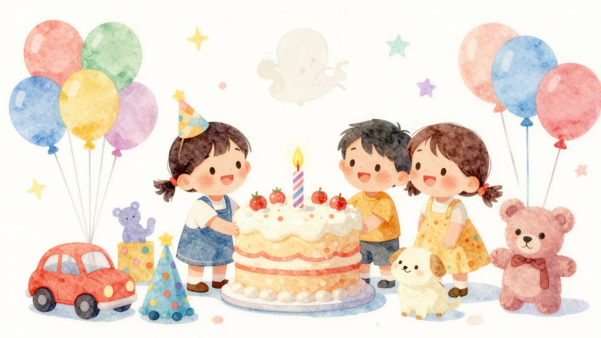 Vibrant watercolor style. Children's song album cover. A cut...