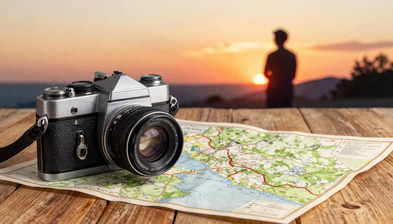Watercolor style. A vintage camera and a paper map on a wood...