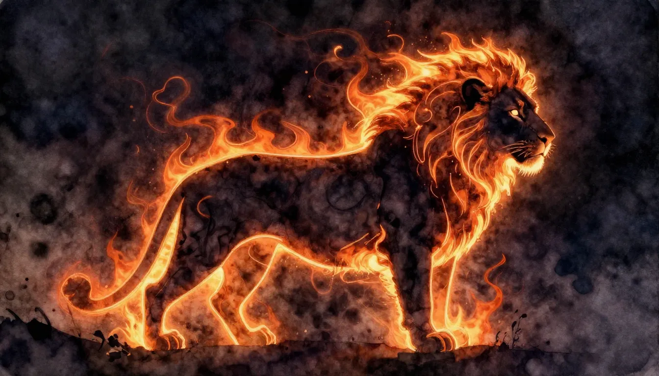 Watercolor style. Silhouette of a lioness in flames, dark ba...