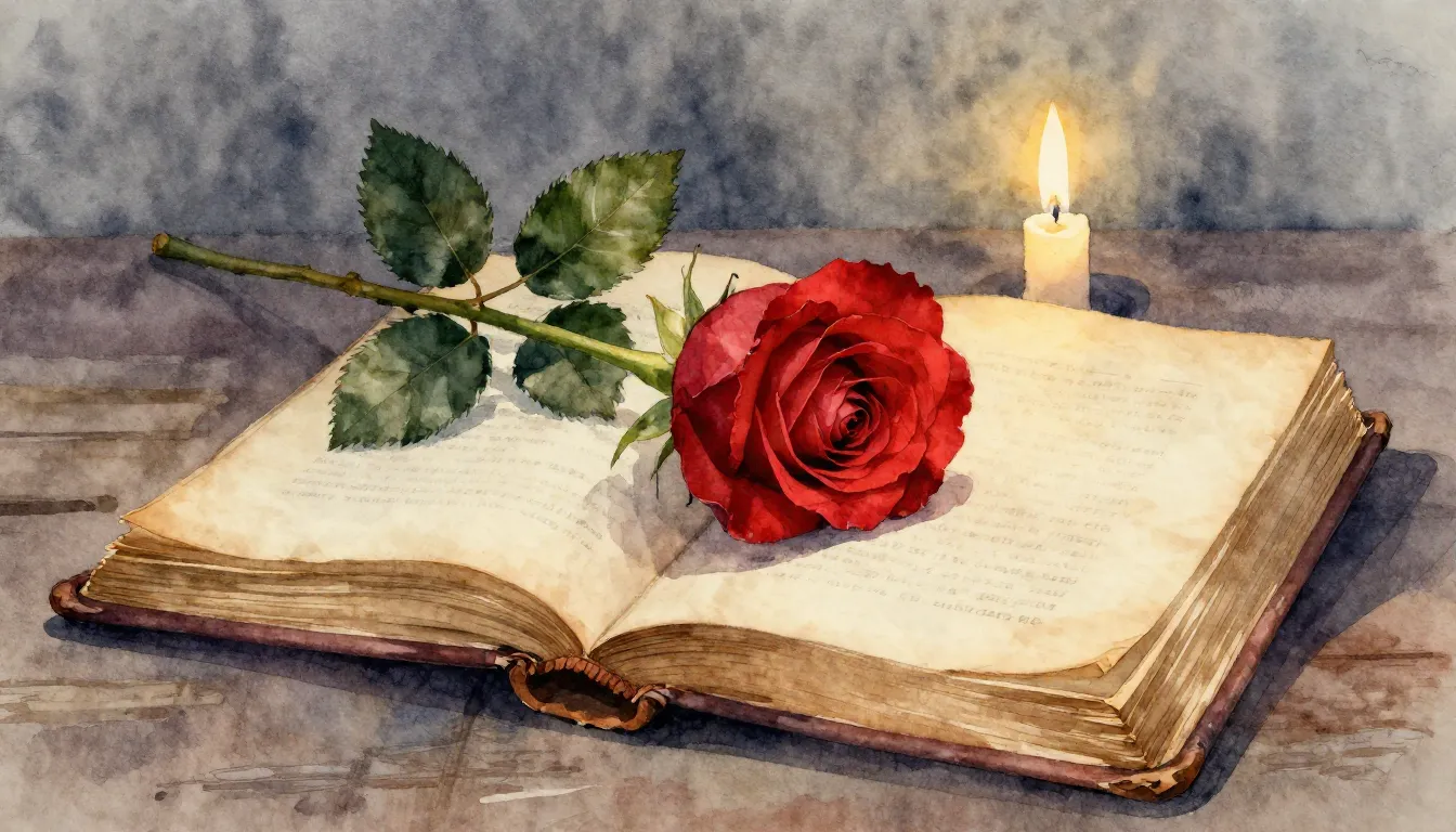 Watercolor style. A single red rose lying on an old open boo...