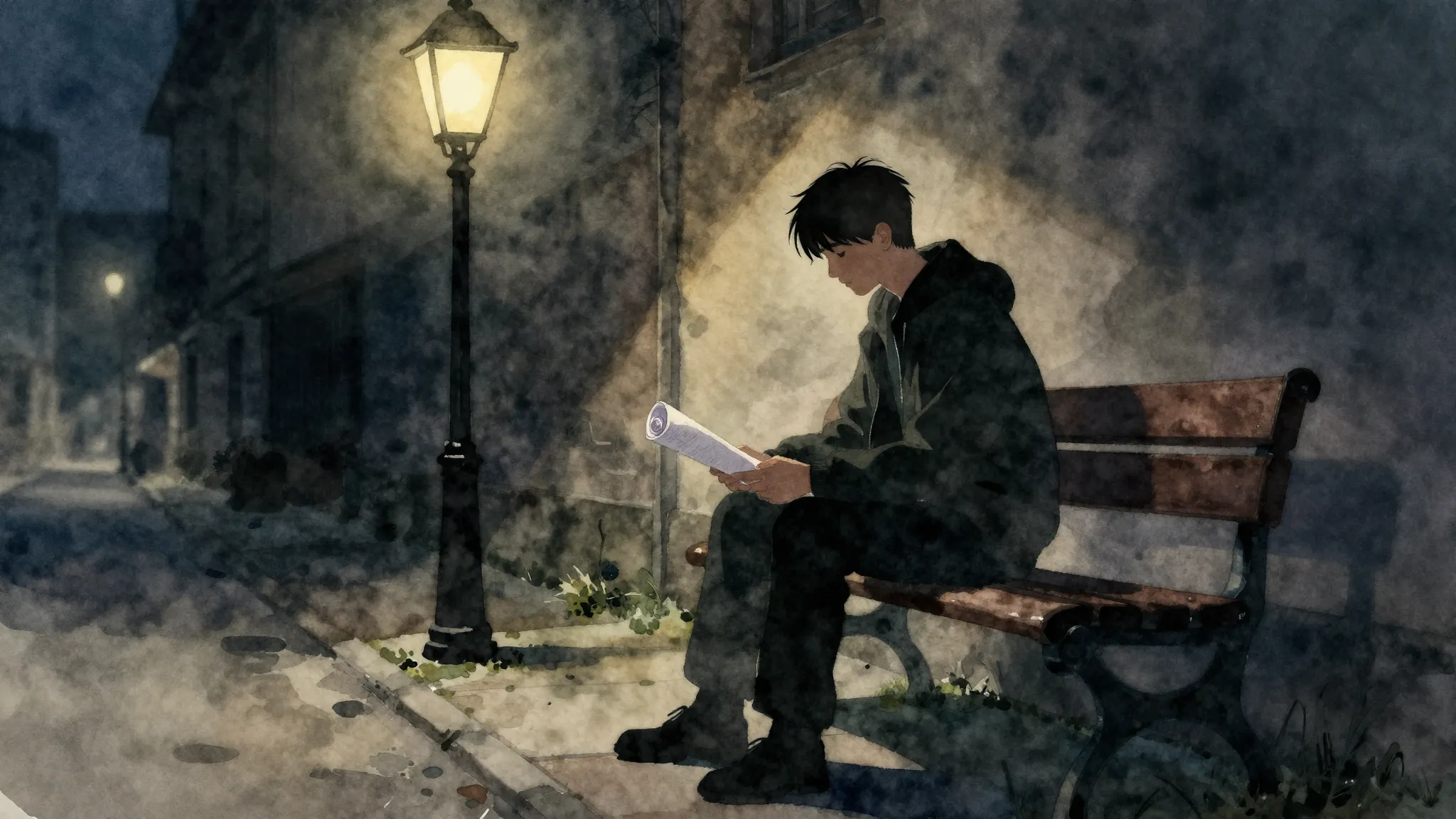 Watercolor style. A silhouette of a young man sitting on a b...