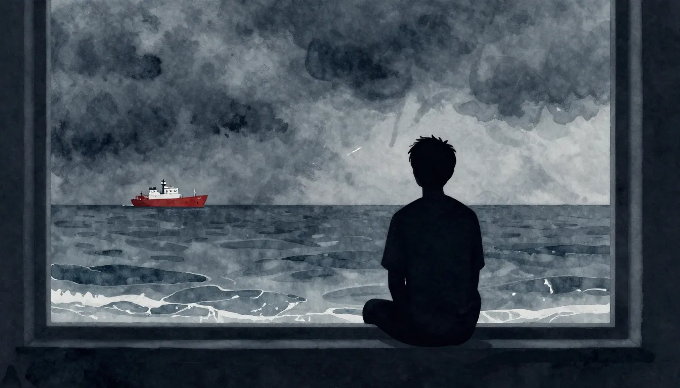 Watercolor style. A lonely silhouette sitting by a window lo...