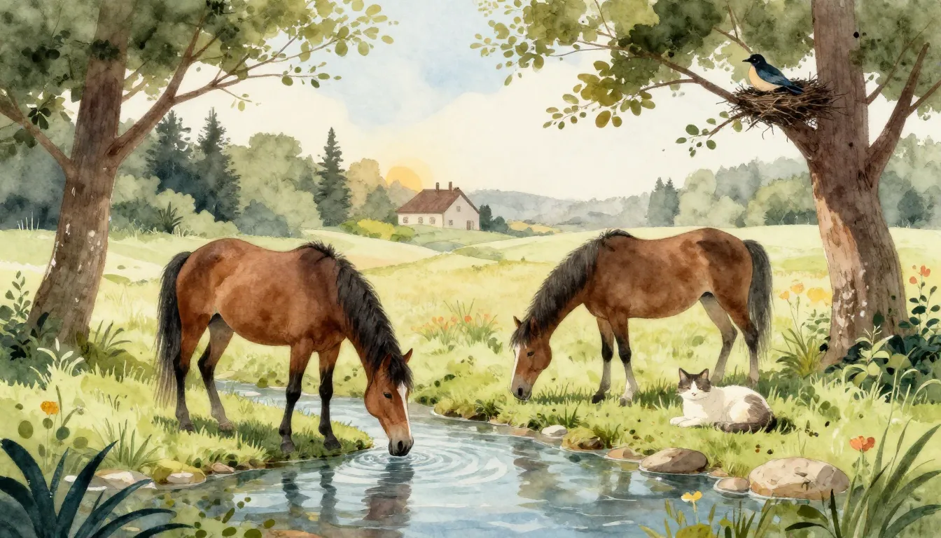 Watercolor style. A serene landscape with a horse drinking f...