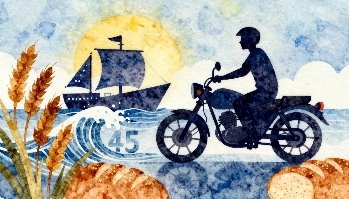 Watercolor style. A silhouette of a man on a motorcycle agai...