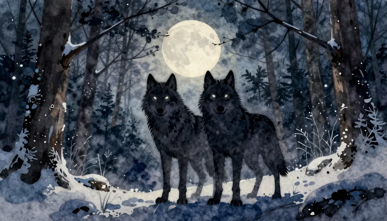 Watercolor style. Silhouette of two wolves standing together...