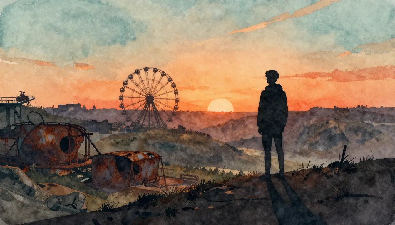 Watercolor style. A dark silhouette of a person standing on ...