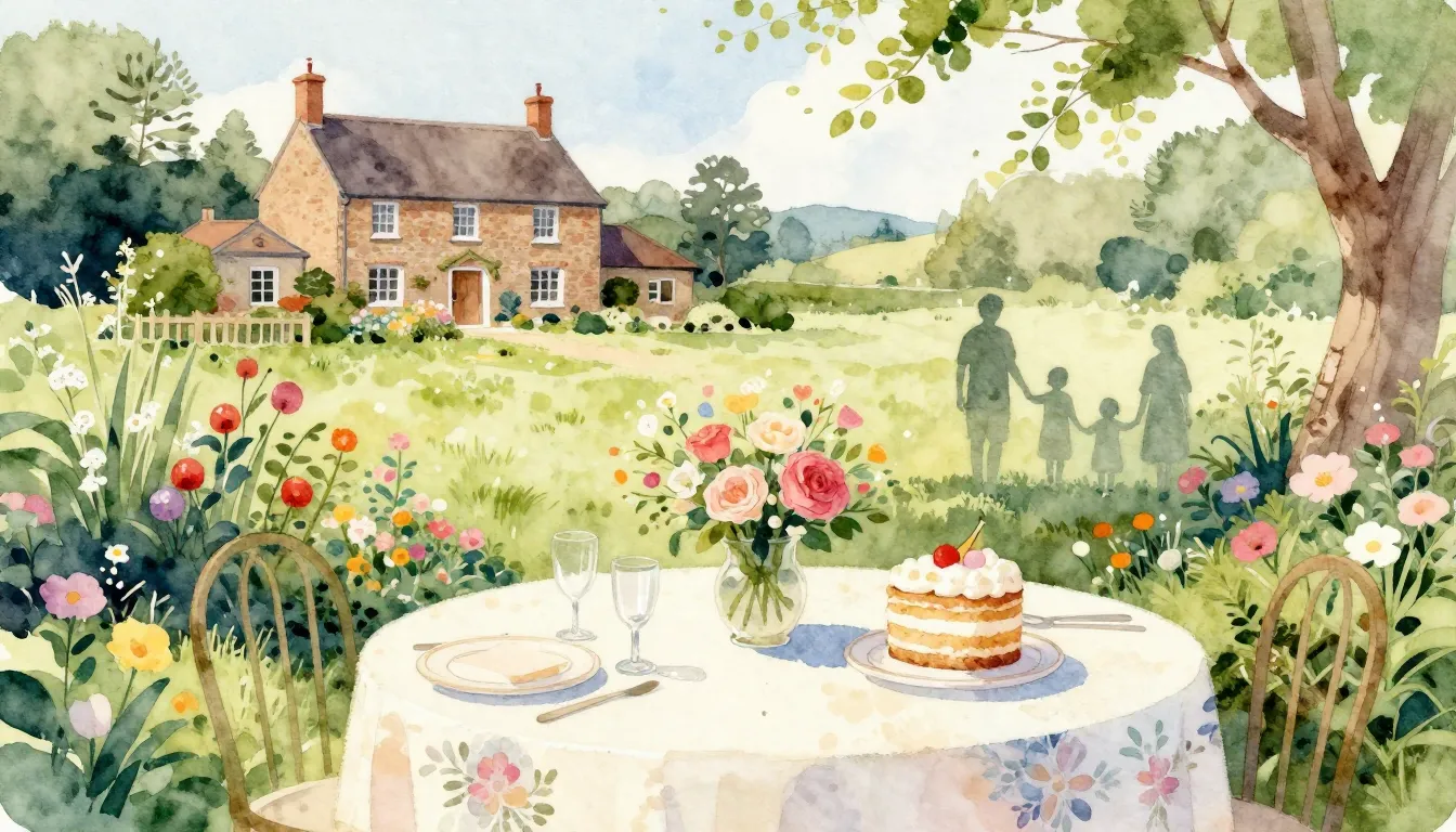 Watercolor style. A beautiful garden table with a cake and f...