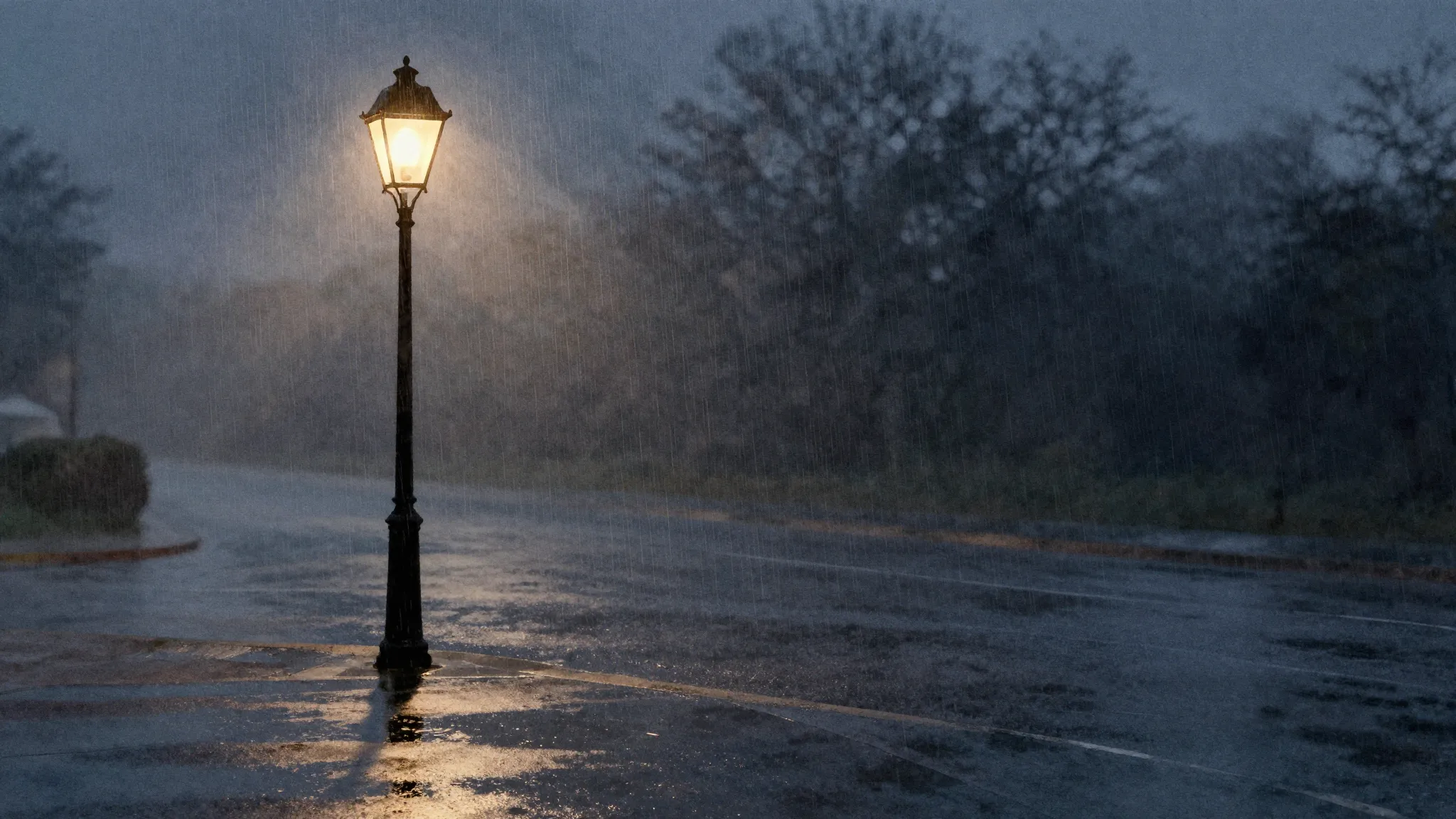 Watercolor style. A dark silhouette of a lonely street lamp ...