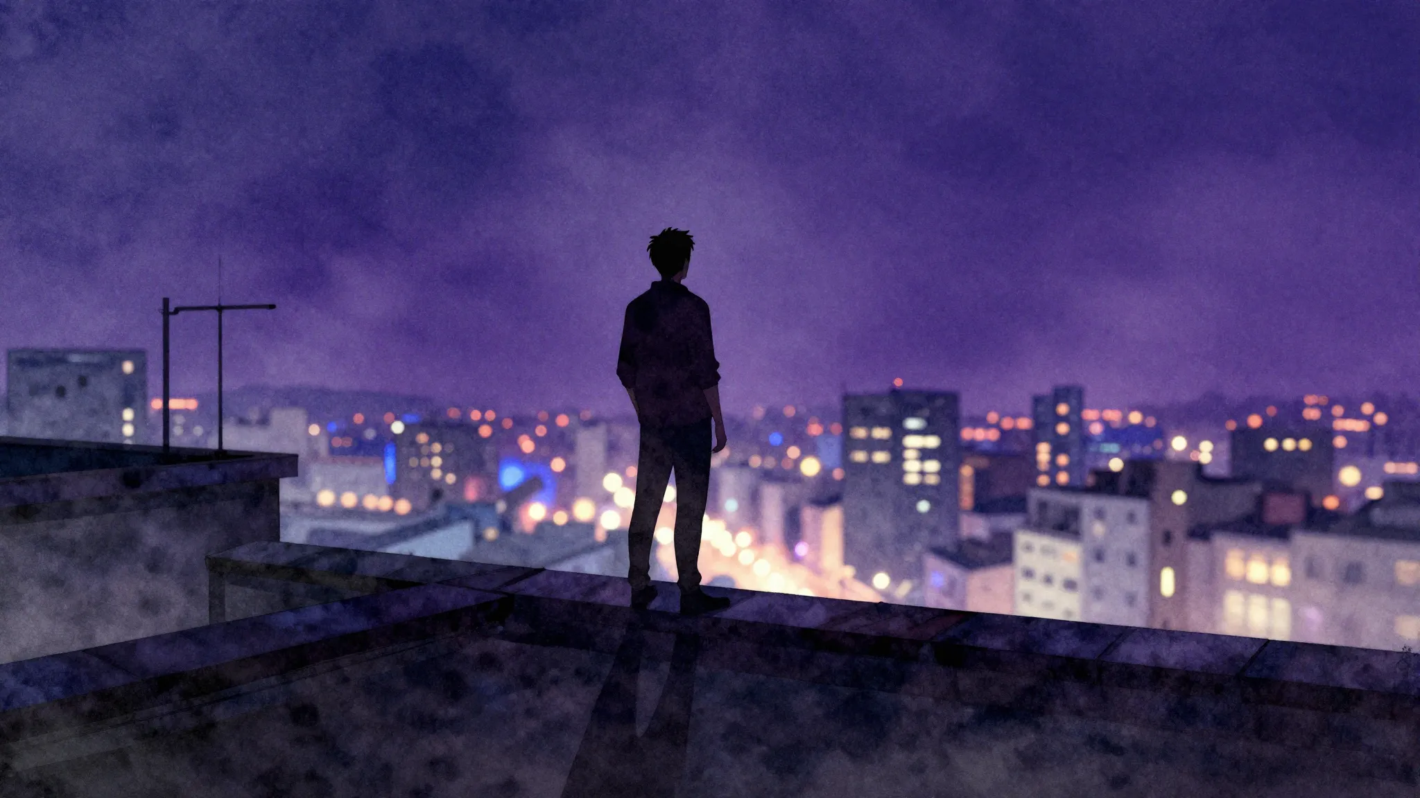 Watercolor style. A silhouette of a person standing on a roo...