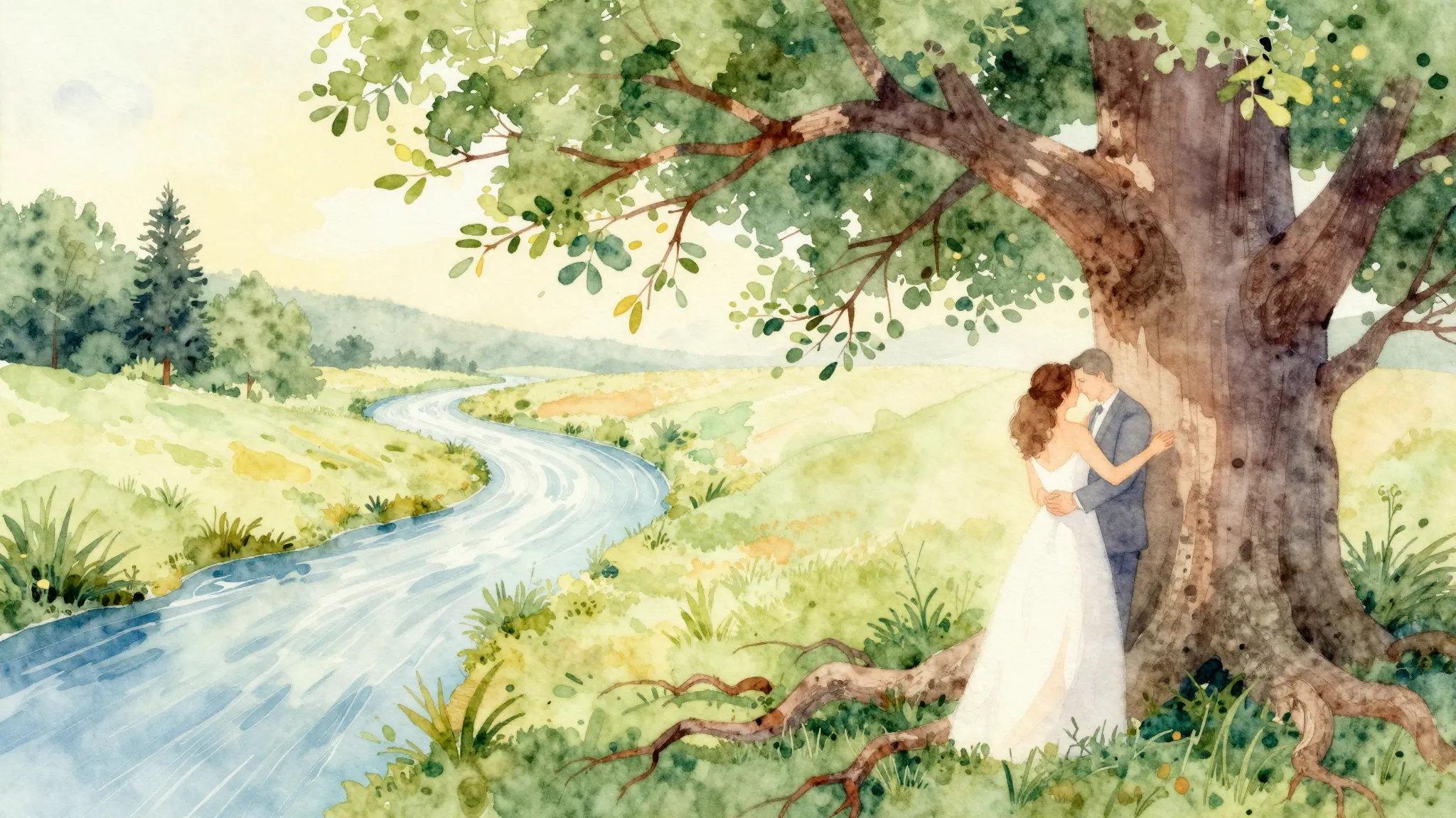 Vibrant watercolor style. A wedding song.

"A heartwarming w...
