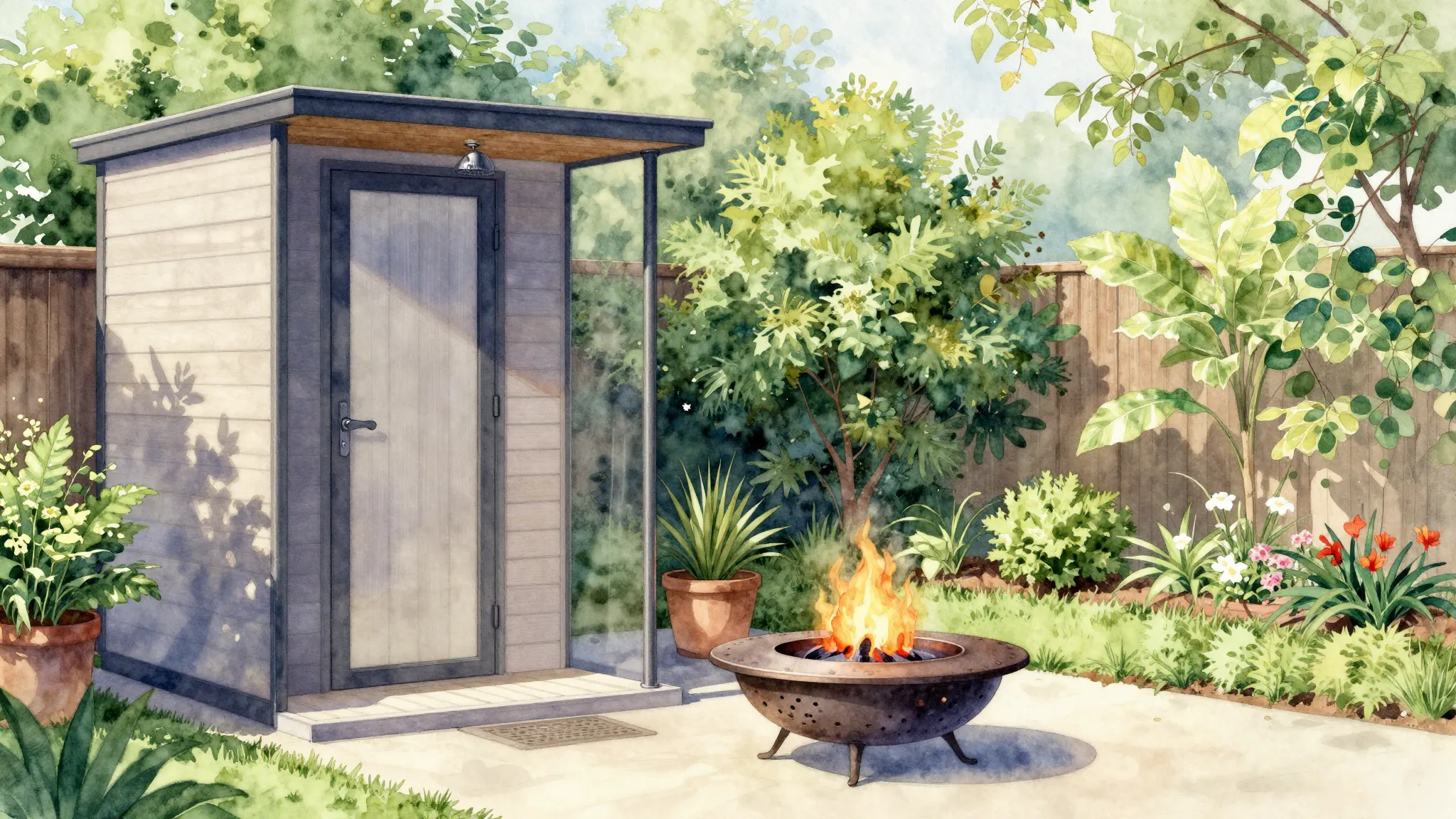 Watercolor style. A beautiful garden area with a stylish out...