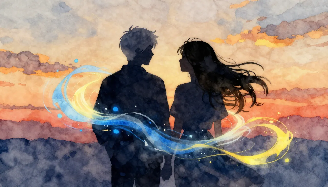 Watercolor style. Two silhouettes standing back to back agai...