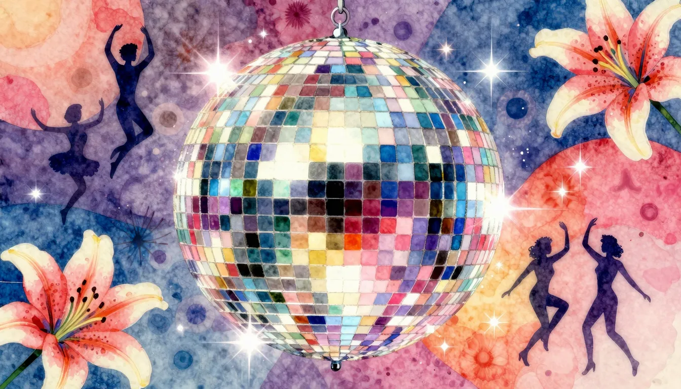 Vibrant watercolor style. Disco album cover, vibrant, retro ...