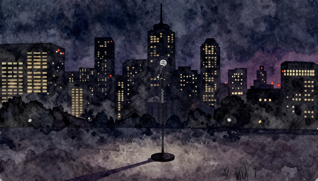 Watercolor style. Silhouette of a city skyline at night, glo...