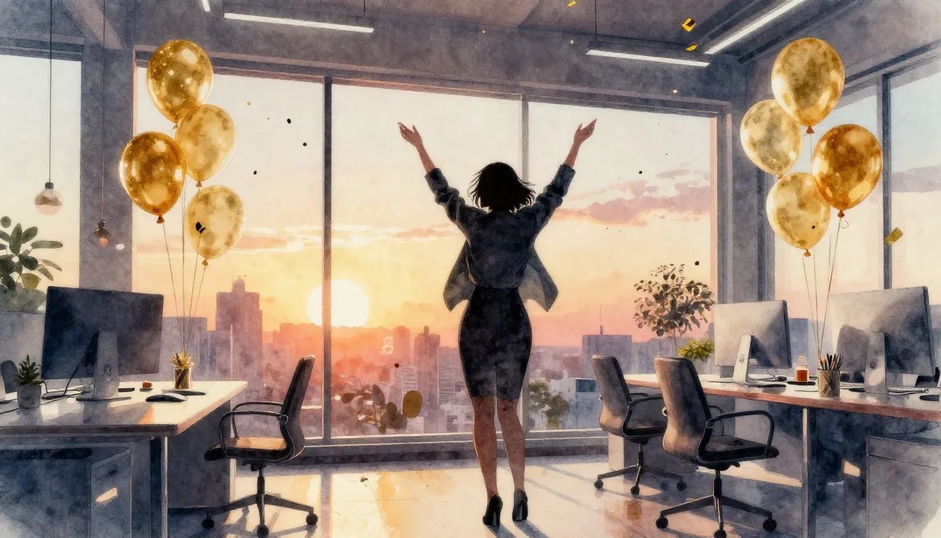 Watercolor style. A silhouette of a successful woman standin...