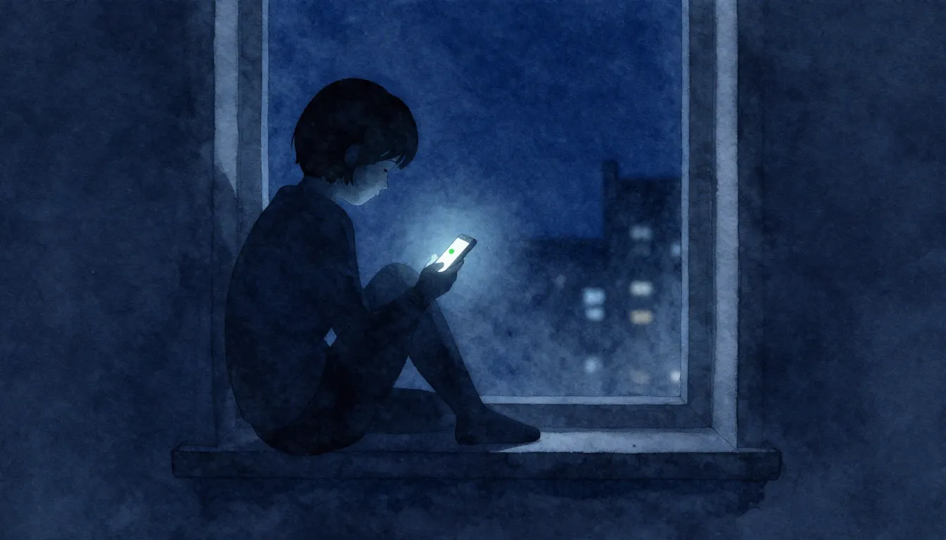 Watercolor style. A lonely silhouette sitting by a window at...