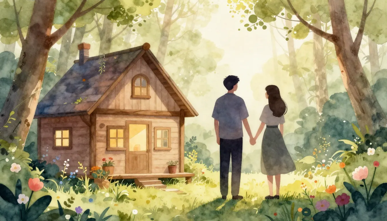 Watercolor style. Silhouette of a couple holding hands near ...