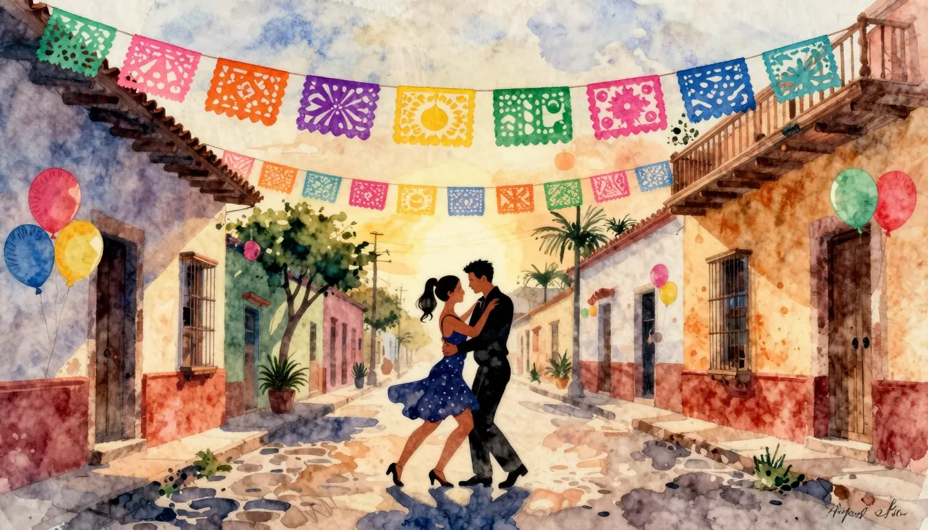 Watercolor style. A vibrant street in a Latin American town ...