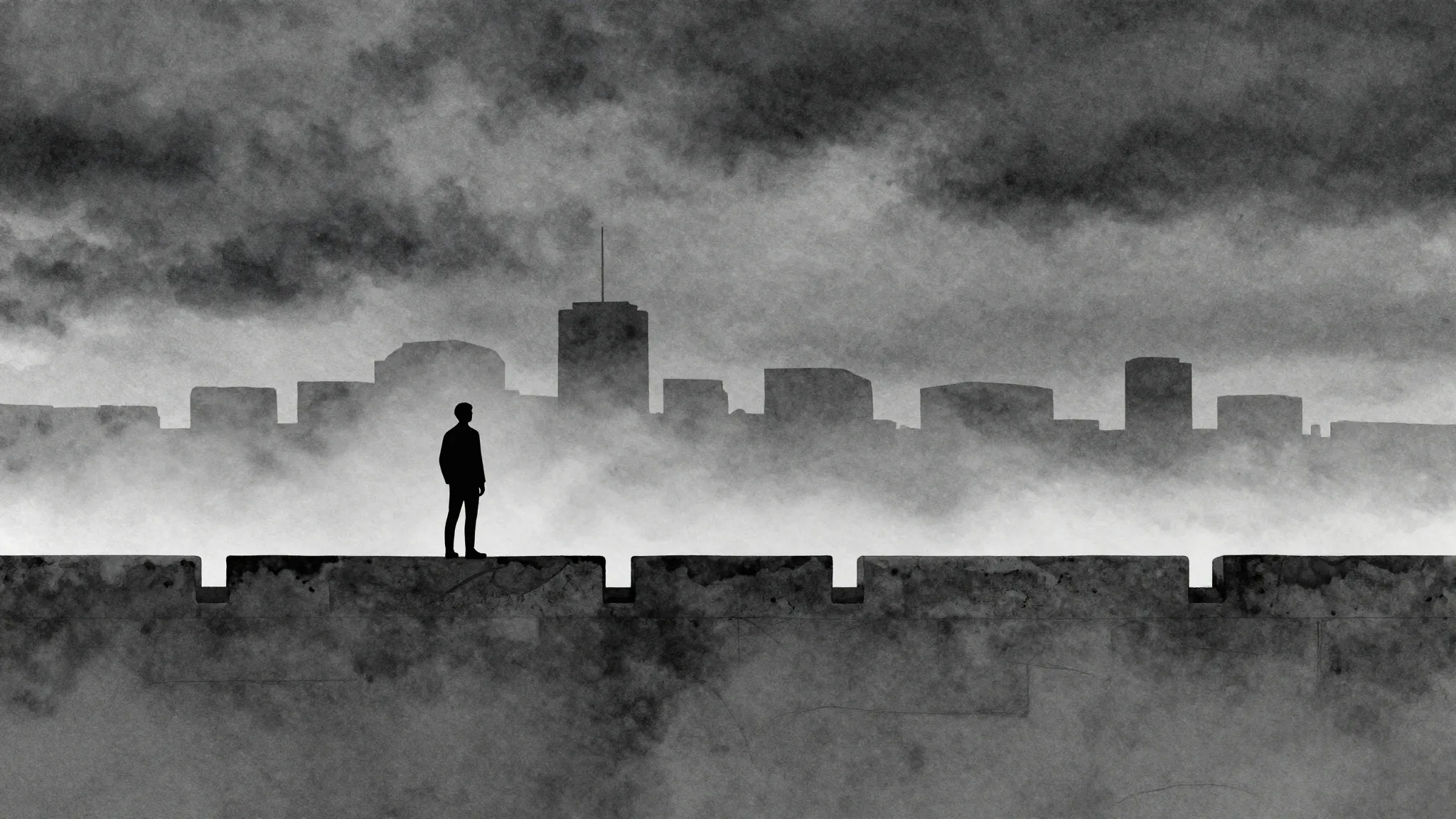 Watercolor style. A silhouette of a person stands on one sid...