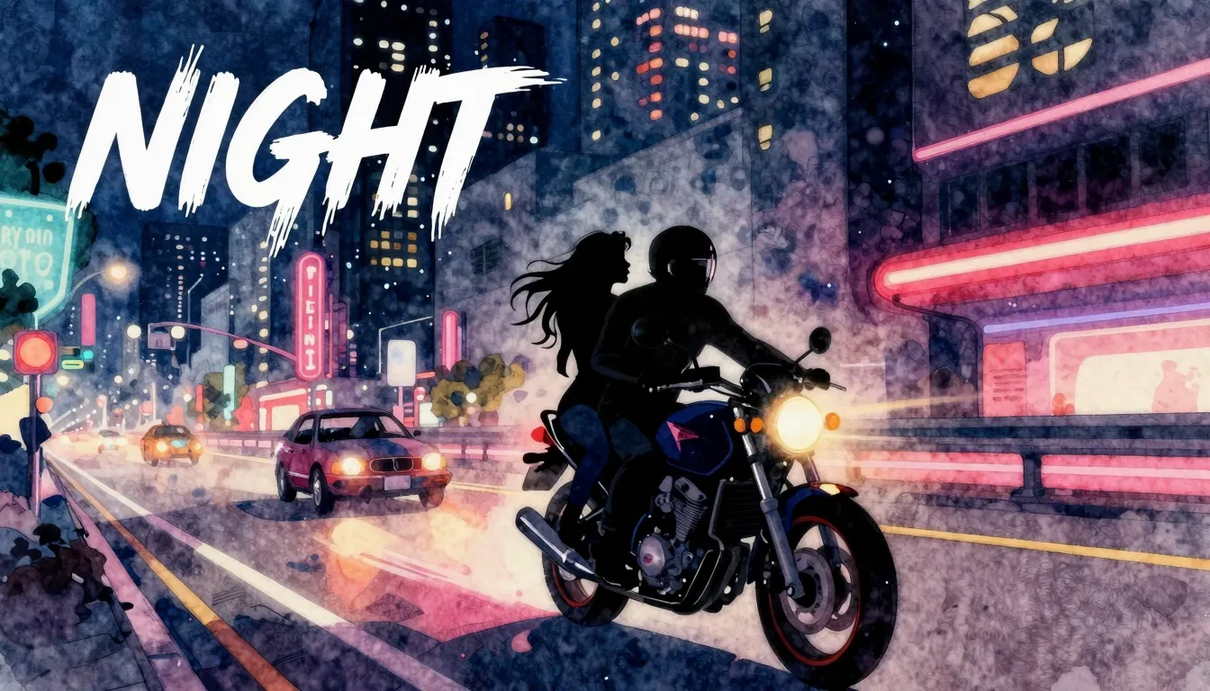 Vibrant watercolor style. Hip-hop album cover: Night city, n...