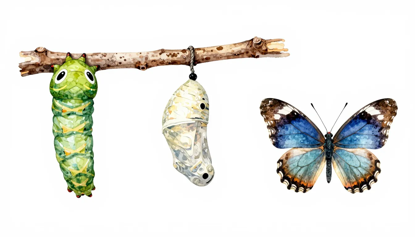 Watercolor style. A sequence of three stages of butterfly me...