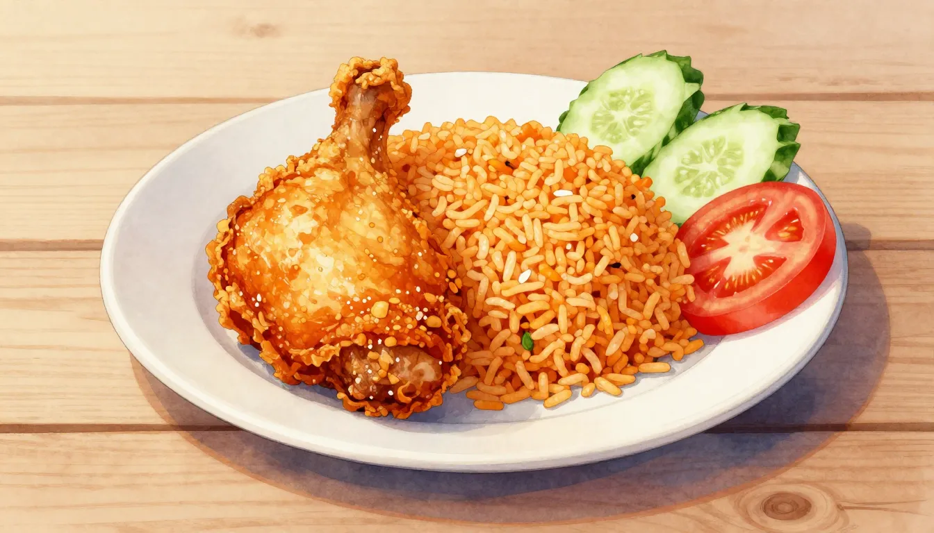 Watercolor style. A plate of crispy golden fried chicken leg...