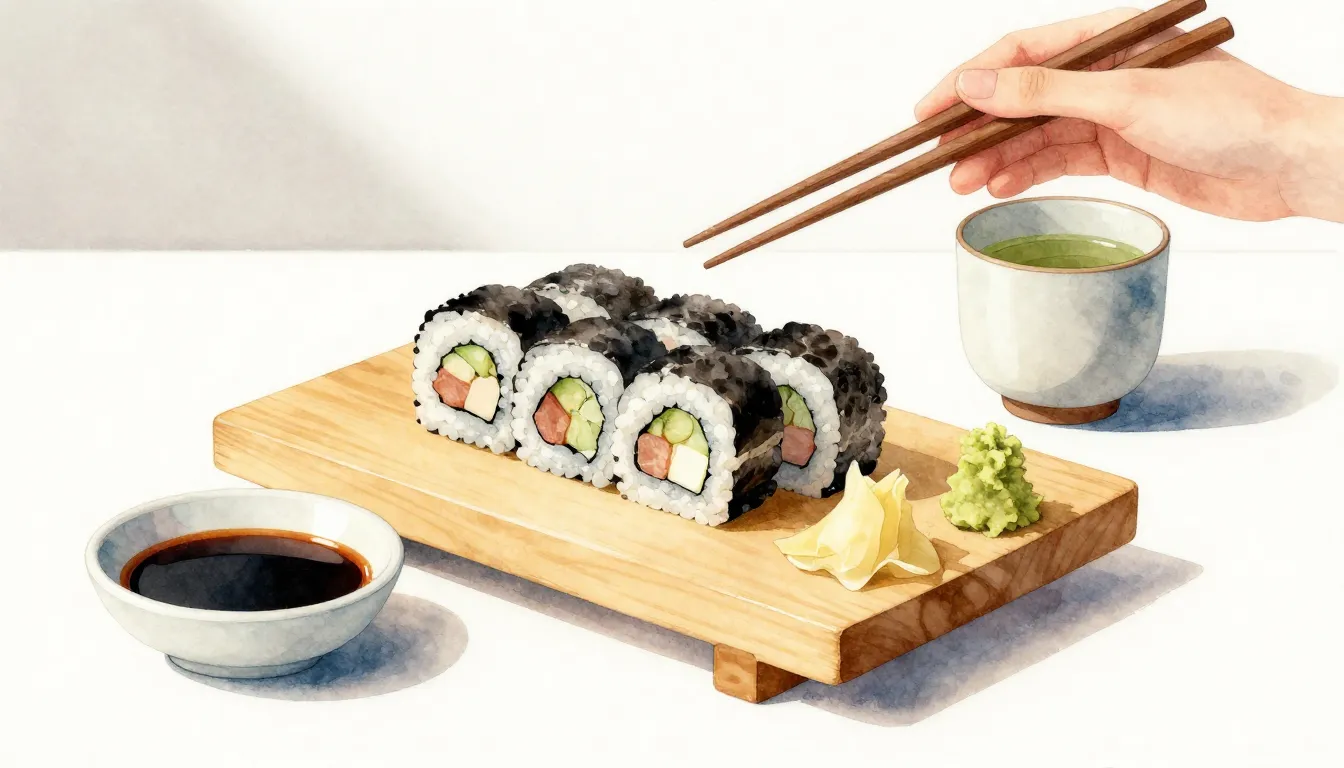 Watercolor style. Still life of fresh sushi rolls on a woode...