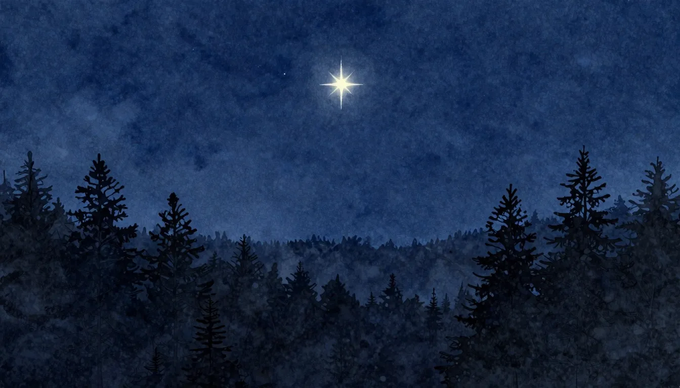Watercolor style. A single bright star shining in a deep blu...