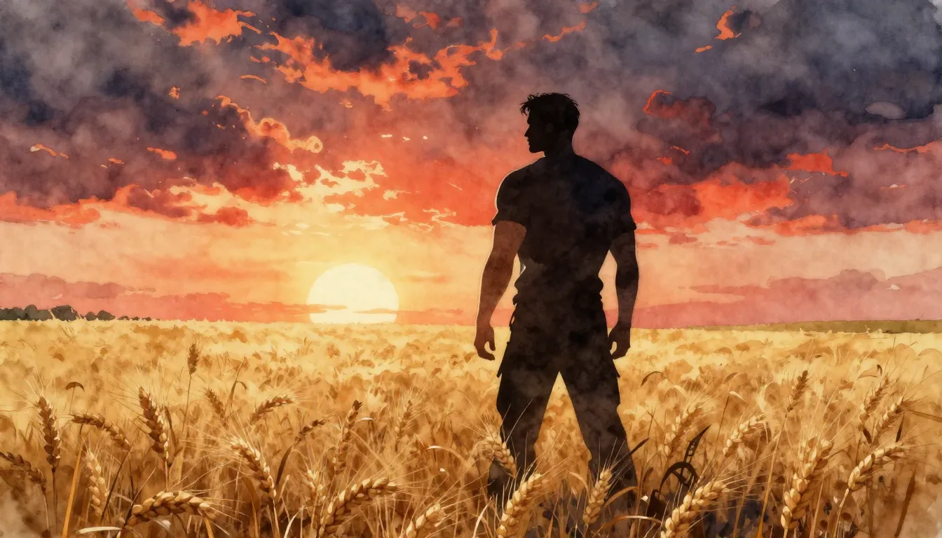 Watercolor style. A dark silhouette of a strong man standing...