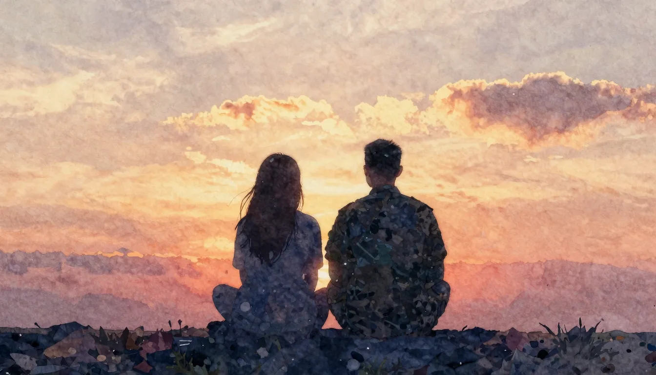 Watercolor style. A serene silhouette of a couple sitting to...