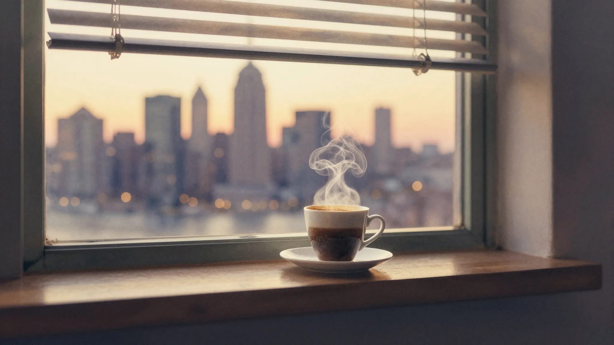 Watercolor style. A silhouette of a city skyline at dawn, se...