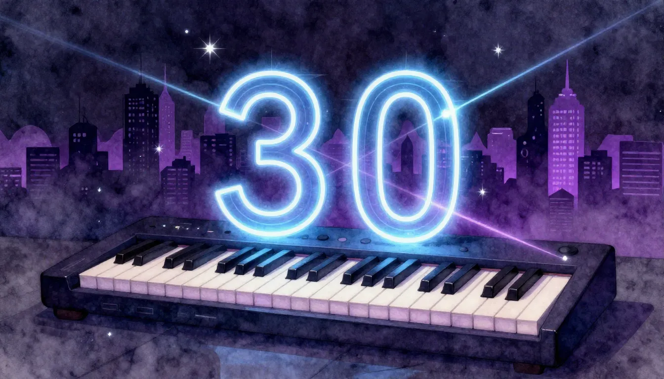 Watercolor style. Neon glowing synthesizer keys in a dark ro...